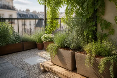 Balcon agencé en bandes pierre‑bois‑végétal : gros bacs paillés sur planche en bois et bande de gravier