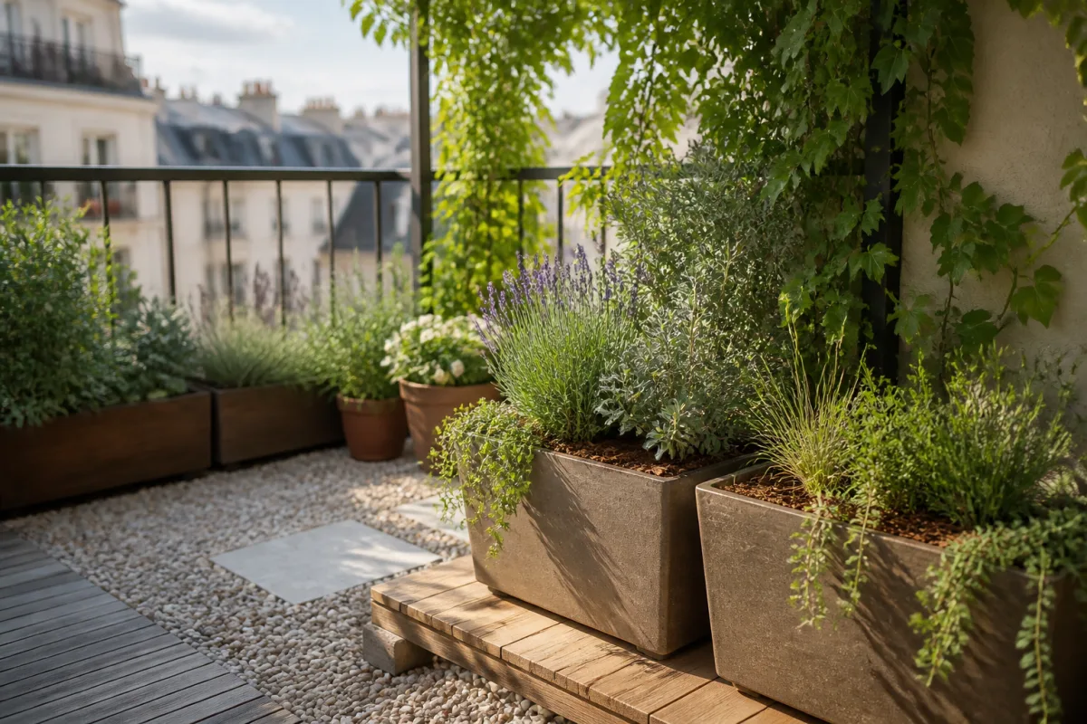 Balcon agencé en bandes pierre‑bois‑végétal : gros bacs paillés sur planche en bois et bande de gravier