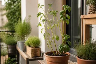Pot de basilic sur balcon montrant tiges longues et espacement des nœuds
