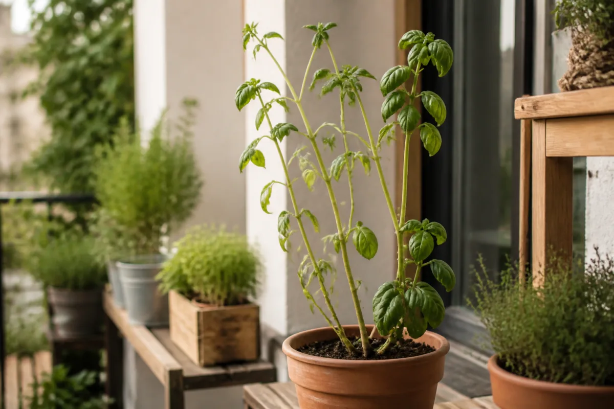 Pot de basilic sur balcon montrant tiges longues et espacement des nœuds