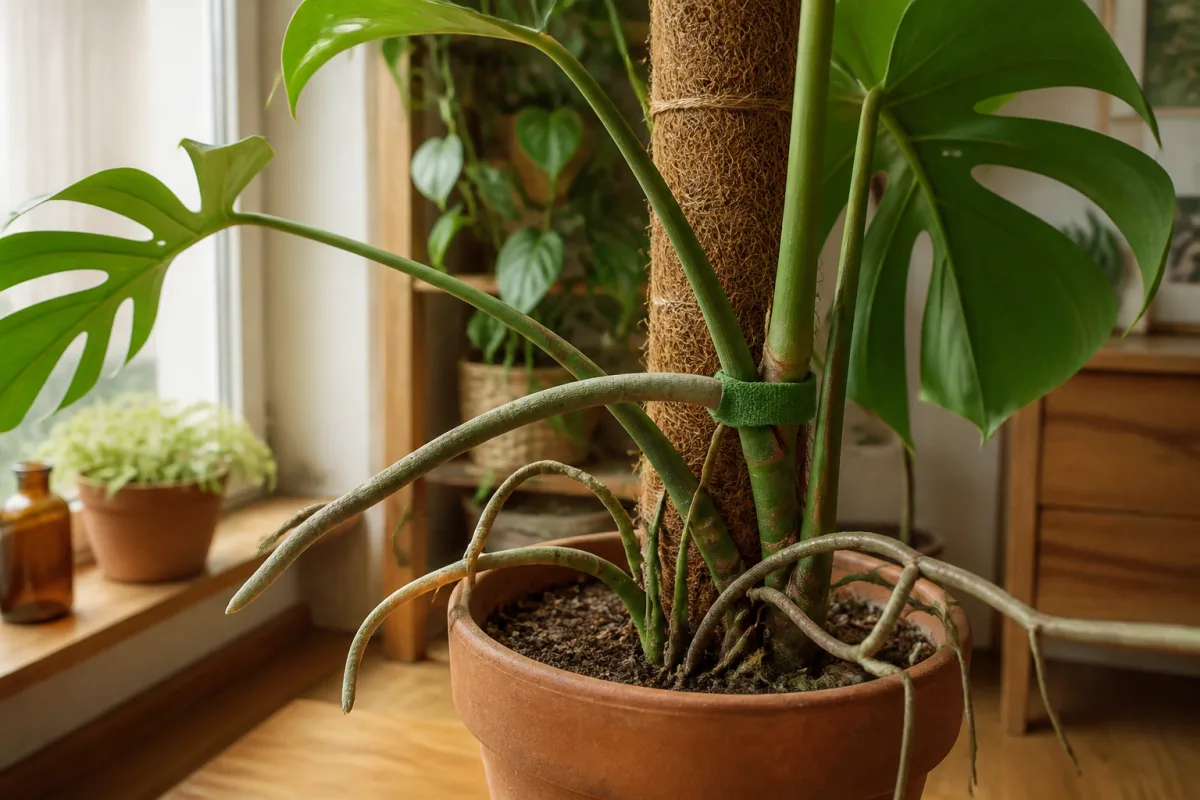 Racine aérienne de Monstera fixée doucement contre un tuteur en sphaigne par une attache souple