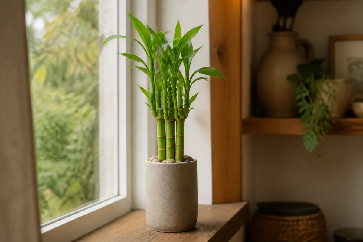 Vase opaque contenant tiges de Dracaena sanderiana sur un rebord de fenêtre, racines visibles entre les galets
