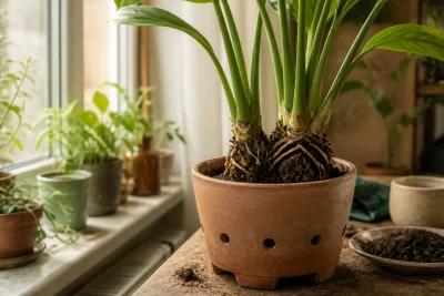 Touffe de Strelitzia divisée installée dans un pot terracotta percé, racines visibles