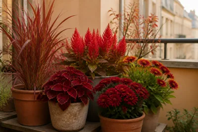 Collection de pots sur balcon montrant feuillage rouge d’Imperata, inflorescences de célosie et chrysanthèmes rouges