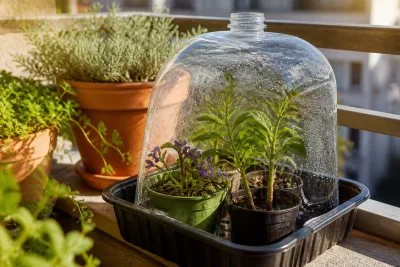 Plateau de godets avec boutures de verveine et hebe sous une cloche plastique sur un balcon