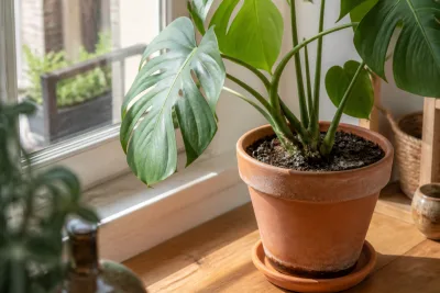 Pot de Monstera sur un rebord de fenêtre, terre visible et soucoupe vide