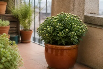 Chrysanthème en pot (diamètre ≈30 cm) adossé à un mur de balcon, nombreux boutons fermés