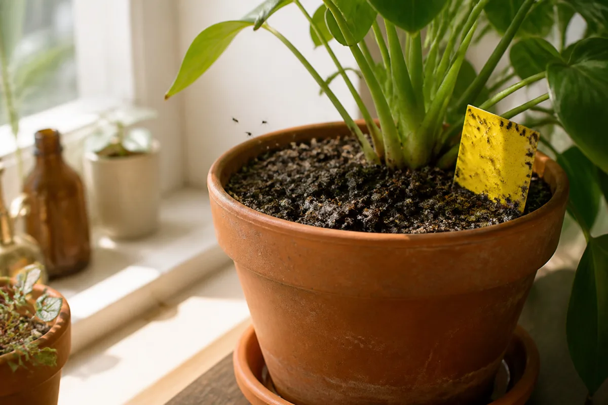 Pot d'intérieur avec surface de terre humide et piège collant jaune au bord, petites mouches volant près du substrat