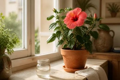 Pot d’hibiscus sur rebord de fenêtre avec un petit bocal de solution diluée et un chiffon