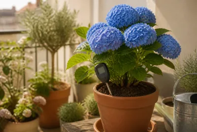 Pot d'hortensia à fleurs bleues avec une sonde de pH plantée dans le substrat humide