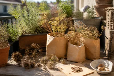 Têtes de graines sèches posées près de sachets en papier étiquetés sur un balcon