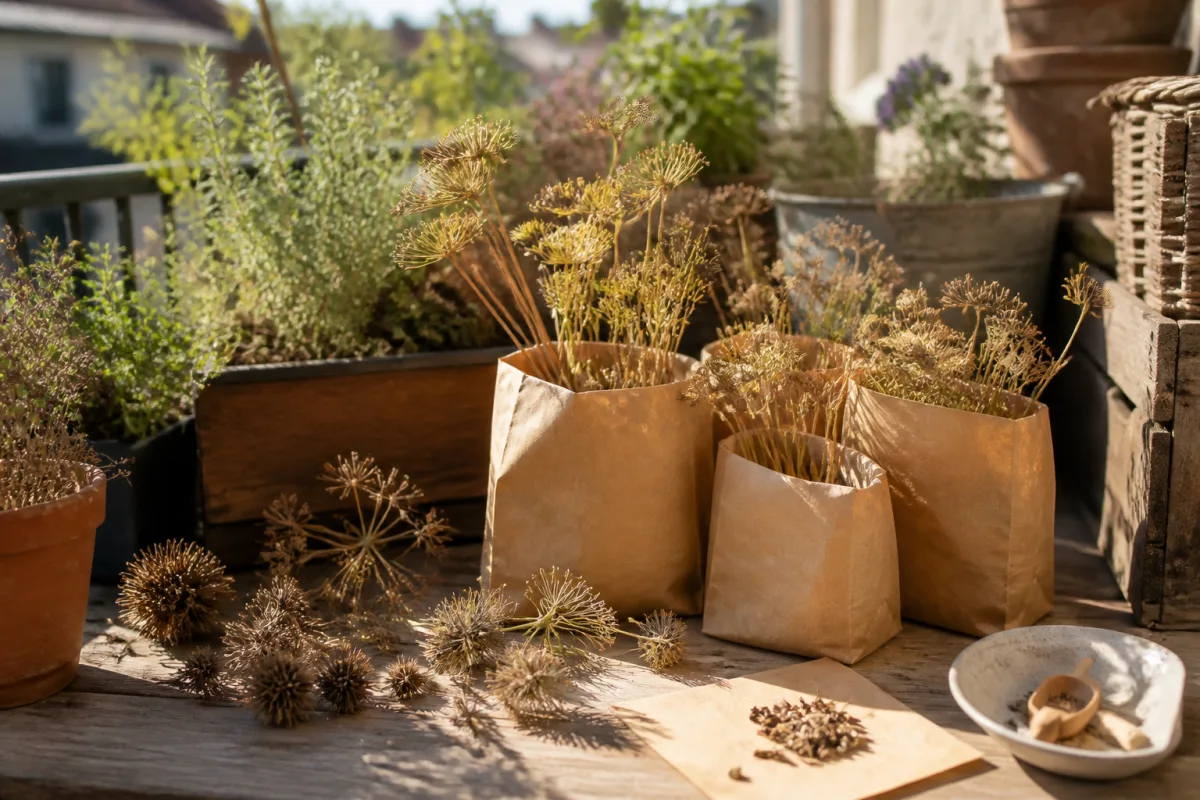 Têtes de graines sèches posées près de sachets en papier étiquetés sur un balcon