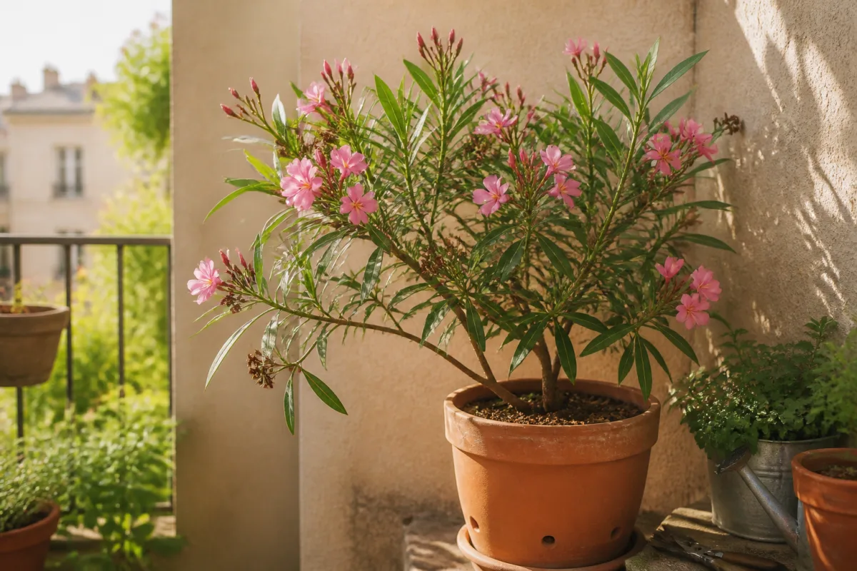 Laurier-rose en pot avec boutons floraux fermes et fleurs fanées, prêt pour une taille légère
