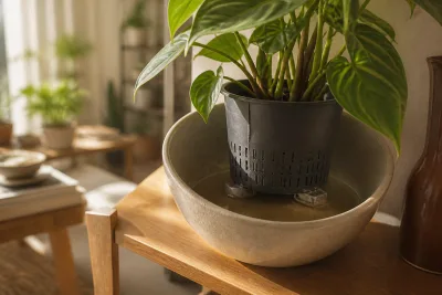 Cache-pot décoratif contenant un pot percé surélevé par trois cales, eau visible au fond