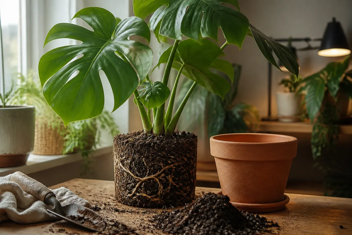 Motte racinaire d'une plante d'intérieur posée à côté d'un pot terracotta et d'un nouveau terreau