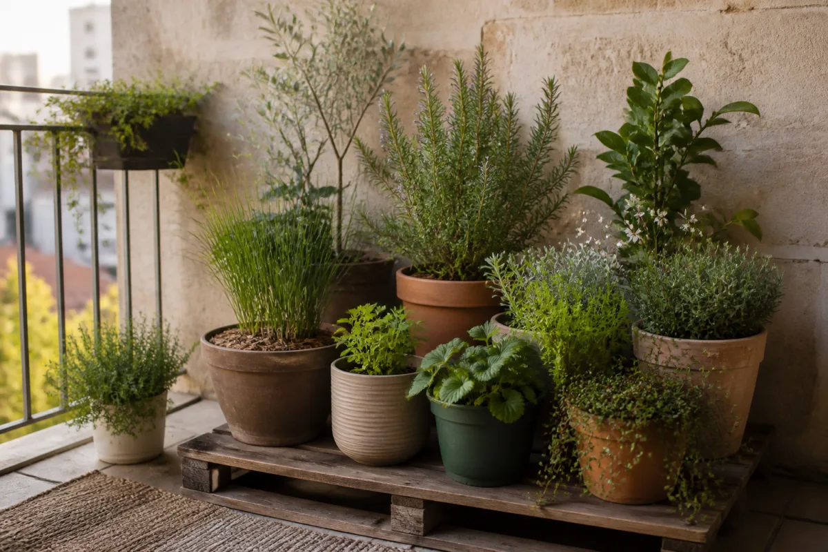 Îlot de pots sur balcon contre un mur, pots en terracotta et plantes identifiables (citrus, laurier-rose, grimpante)