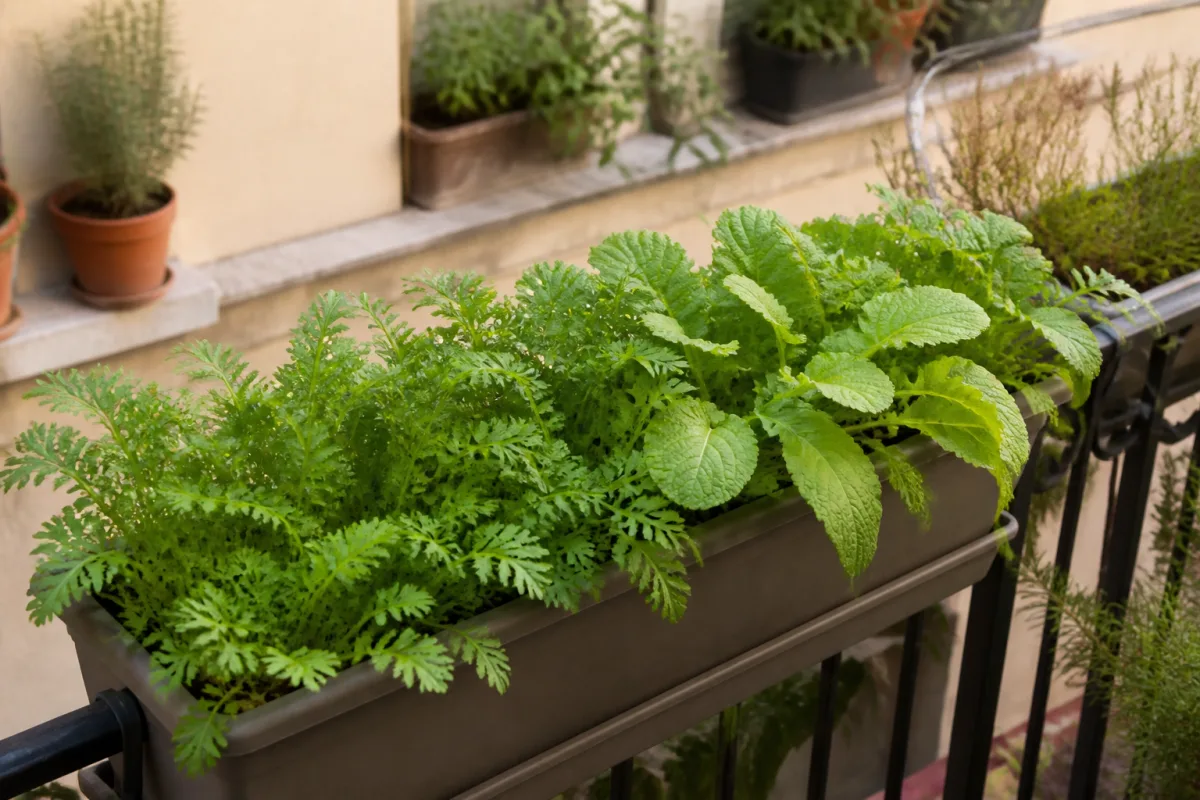 Jardinière longue sur balcon couverte de phacélie et de moutarde en croissance