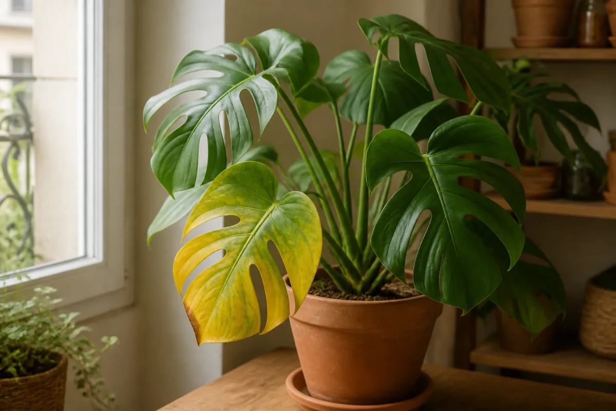 Monstera avec une feuille jaunie posée dans un pot terracotta sur un rebord, substrat visible