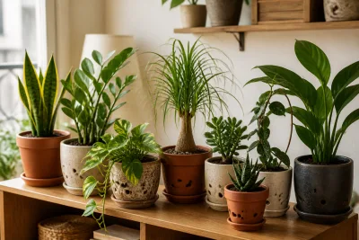 Étagère intérieure avec huit plantes identifiables en pots percés et substrats visibles