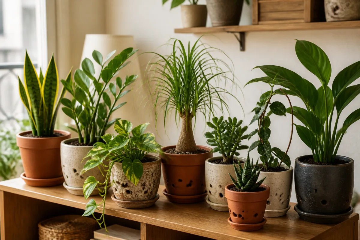 Étagère intérieure avec huit plantes identifiables en pots percés et substrats visibles