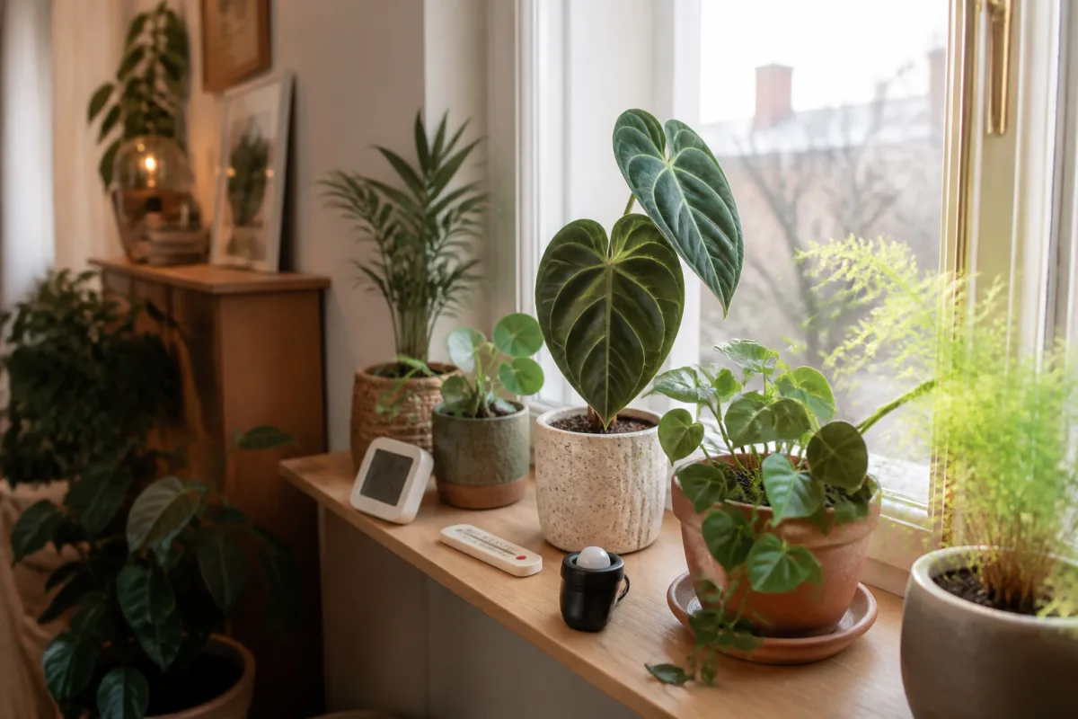 Fenêtre d'appartement avec plantes en pot et petits appareils de mesure (luxmètre, hygromètre, thermomètre) posés parmi les pots