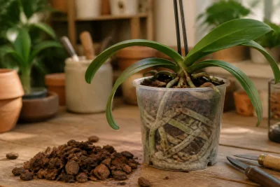 Phalaenopsis en pot transparent posé sur un établi de rempotage, racines visibles et vieux substrat