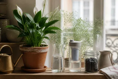 Spathiphyllum en pot sur un rebord de fenêtre, carafe et pichet-filtre à charbon à côté, dépôt blanc sur le bord du pot