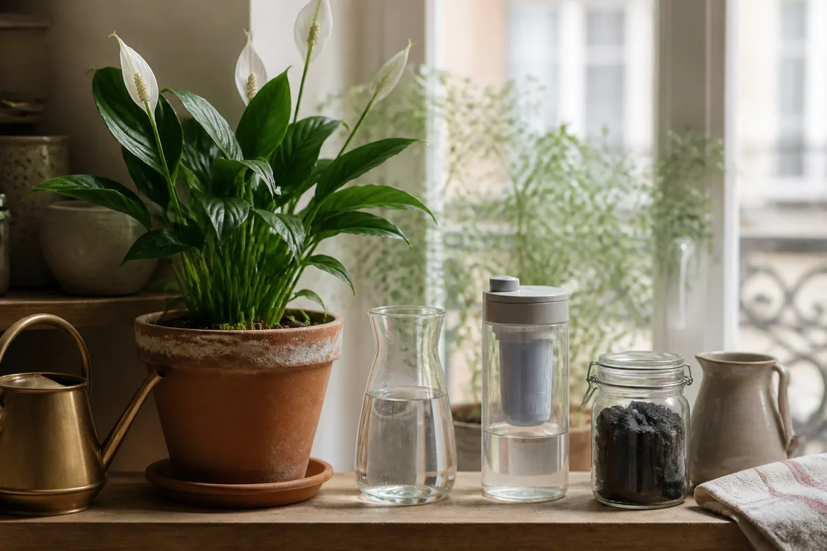 Spathiphyllum en pot sur un rebord de fenêtre, carafe et pichet-filtre à charbon à côté, dépôt blanc sur le bord du pot