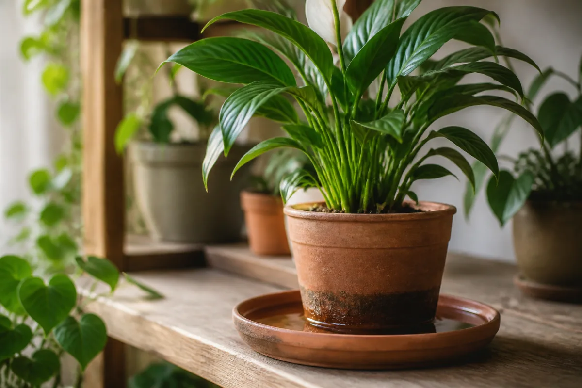Pot de Spathiphyllum posé dans une soucoupe à mi-hauteur d'eau, substrat visiblement humidifié