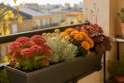Jardinières d’octobre au soleil avec sedum, immortelle gris-argent et chrysanthèmes, pots surélevés