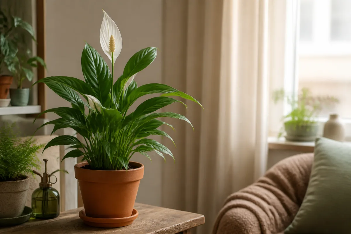 Spathiphyllum en pot avec une fleur blanche près d’une fenêtre filtrée, pot et feuillage visibles