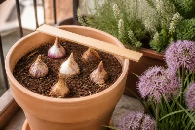 Pot terracotta sur balcon avec bulbes d'allium installés à la bonne profondeur et règle posée pour mesure