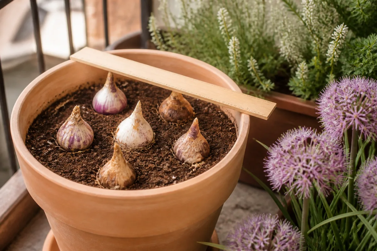 Pot terracotta sur balcon avec bulbes d'allium installés à la bonne profondeur et règle posée pour mesure