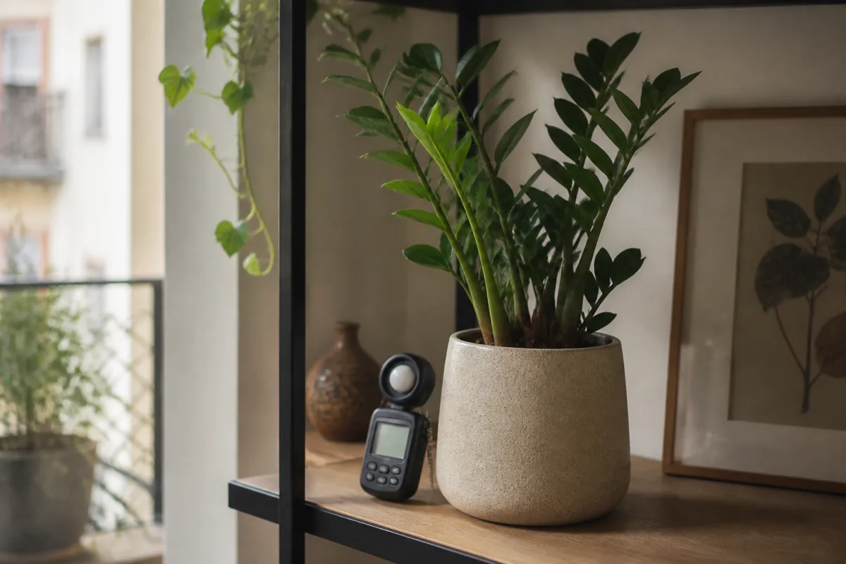 Luxmètre posé au niveau des feuilles d'une plante d'intérieur sur une étagère peu lumineuse