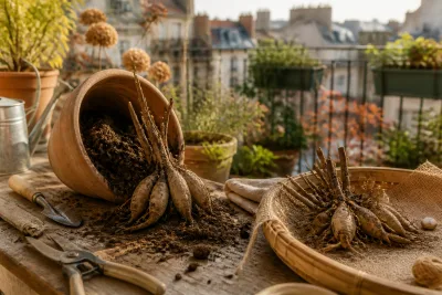 Motte de dahlia renversée sur un établi de balcon, tubercules visibles et outils disposés pour la division et le séchage