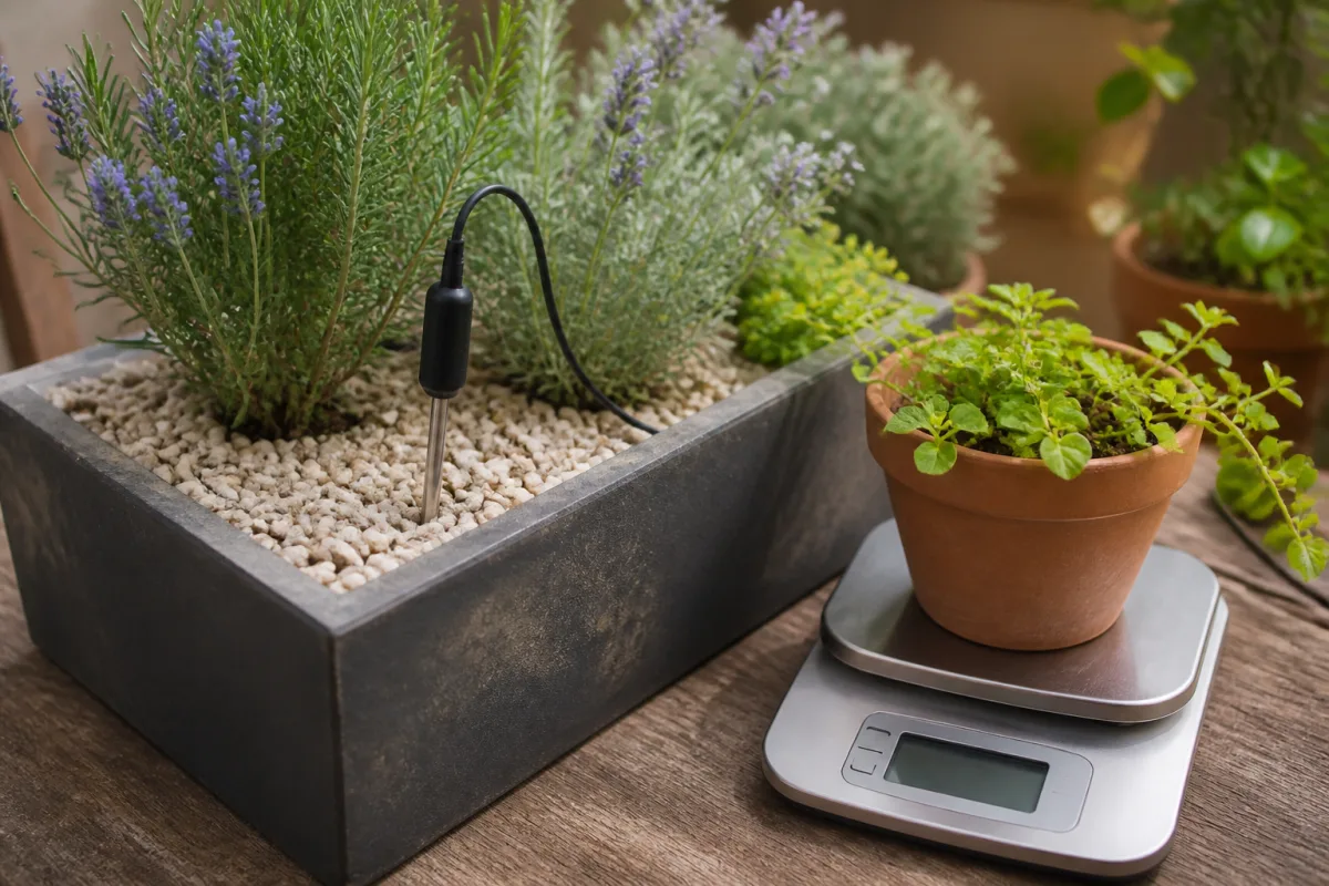 Sonde thermique plantée à 5 cm dans un pot paillé et balance affichant le poids du pot