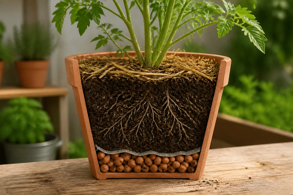 Coupe de pot montrant drainage, zone racinaire et paillage 3–4 cm