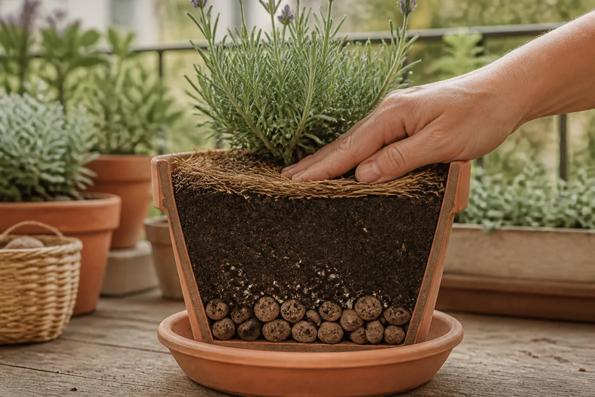 Coupe d’un pot montrant drainage, substrat et paillage, prêt pour test de consommation