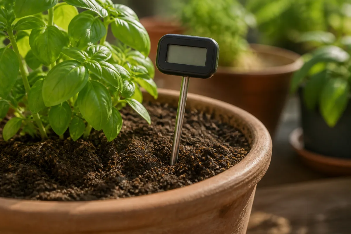 Thermomètre de sol planté à 8–10 cm dans un pot