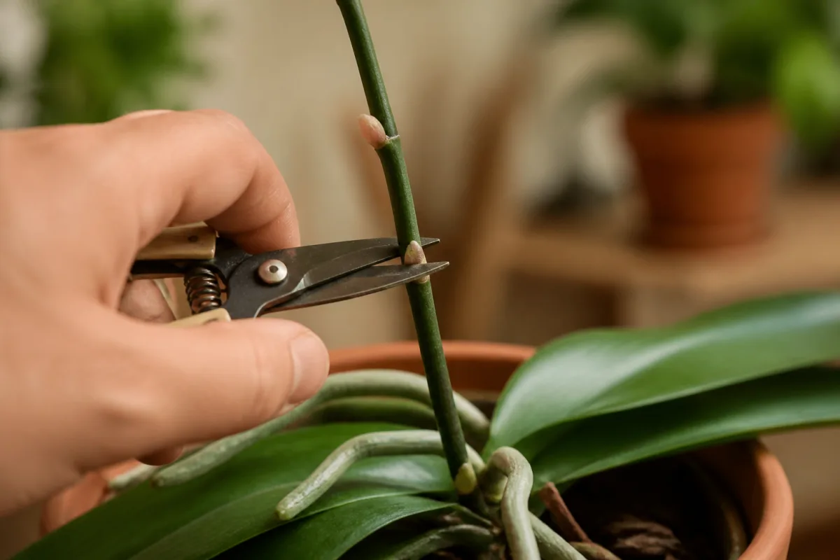 Main coupant la hampe d'une Phalaenopsis au‑dessus d'un nœud