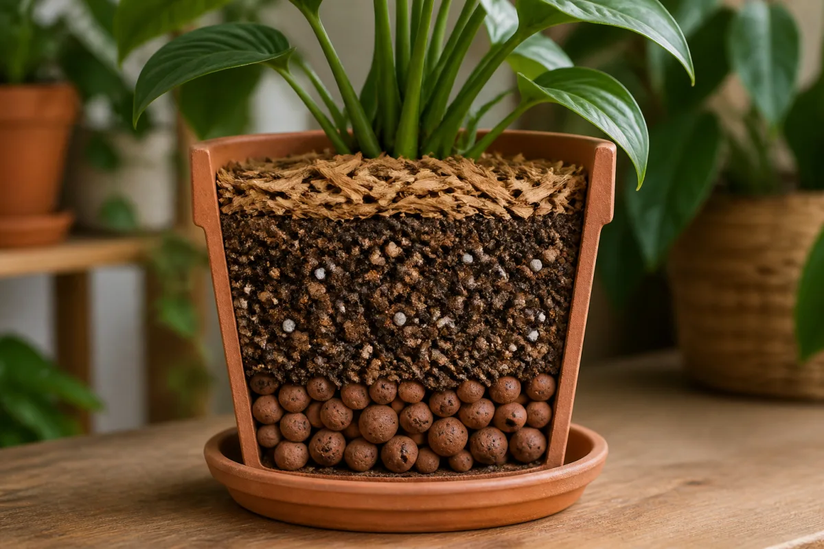 Coupe de pot montrant billes d’argile au fond, terreau drainant et paillis de surface