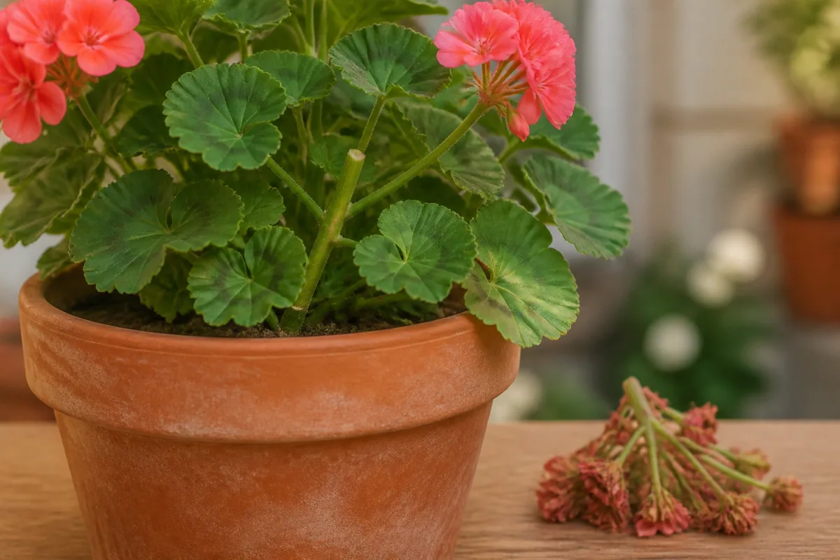 Pelargonium en pot avec ombelle fanée enlevée au ras de la tige, fleurs coupées à côté