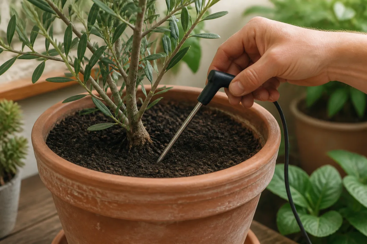 Sonde plantée au mi‑rayon d’un pot, angle incliné et profondeur indiquée