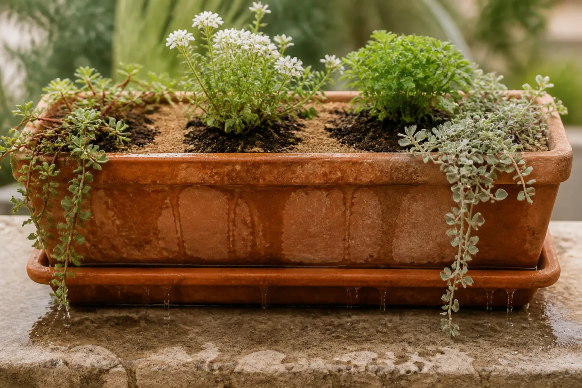 Jardinière après arrosage par impulsions, eau s’écoulant par les trous de drainage