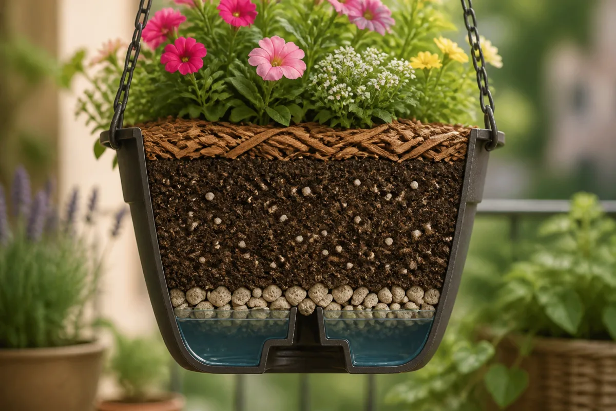 Schéma en coupe d’un pot suspendu avec drainage, mélange aéré et niveau de réserve d’eau