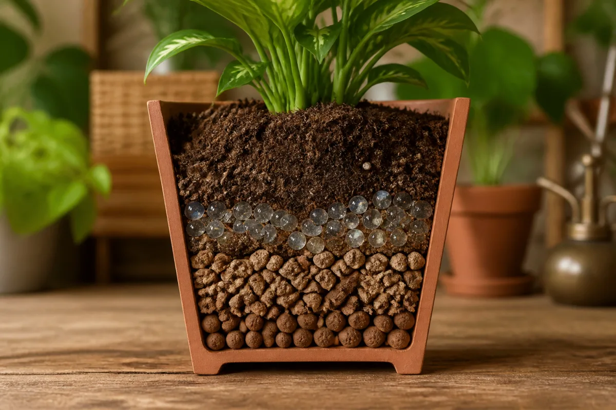 Schéma photo-mixte en coupe d’un pot avec couche de drainage, zone aérée et couche de plantation