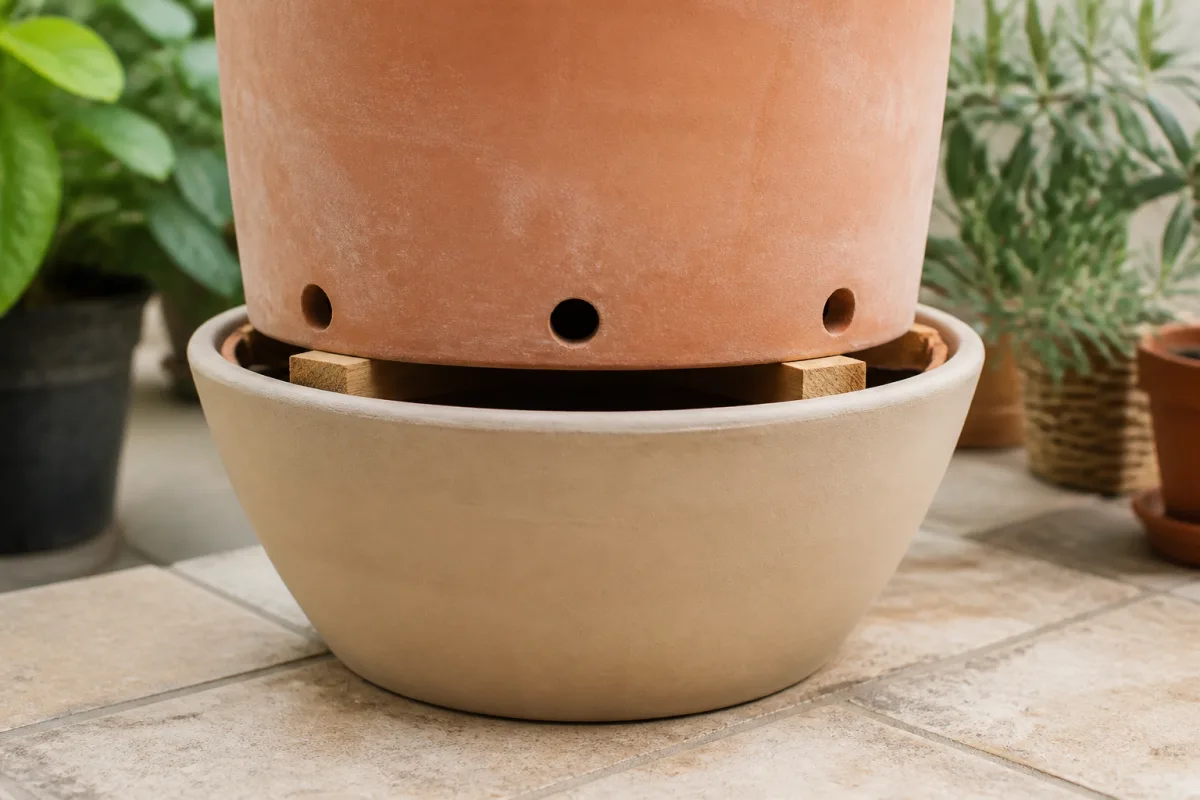 Fond de pot percé posé sur cales, double pot clair et soucoupe vide