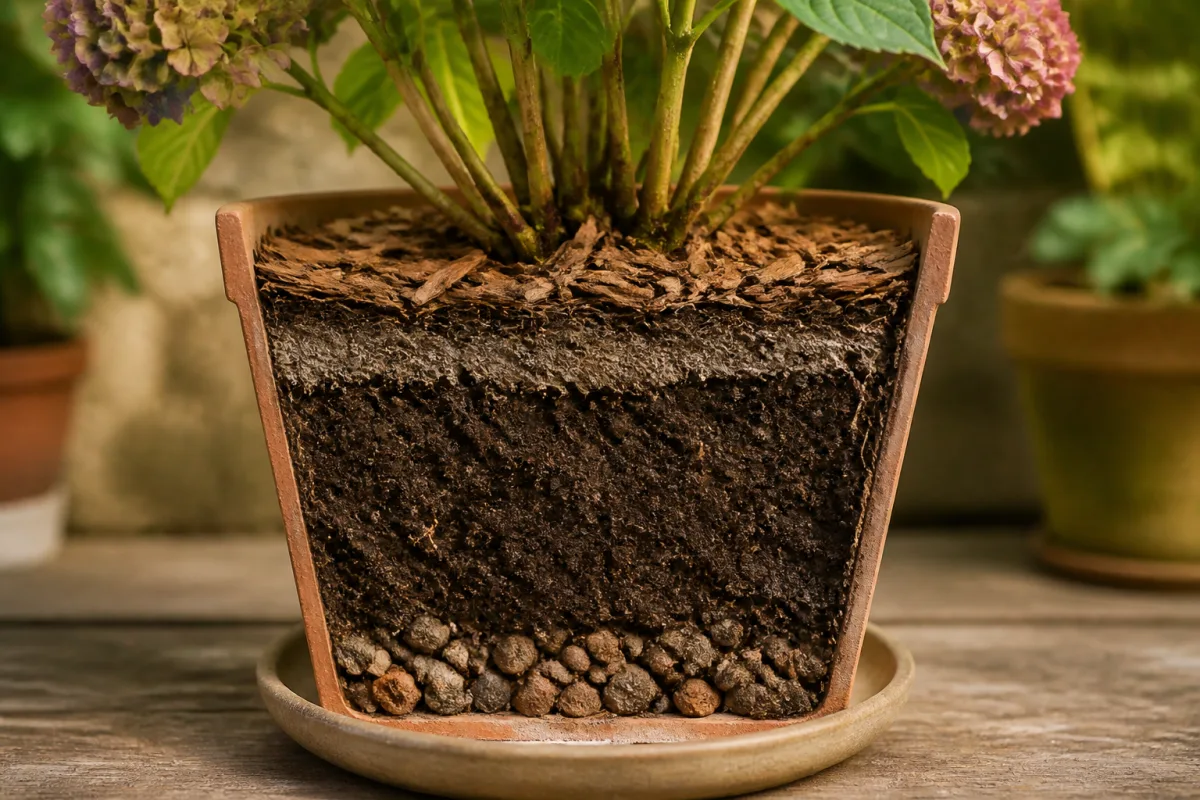 Coupe d’un pot montrant drainage, substrat et paillage de 5 à 7 cm en surface