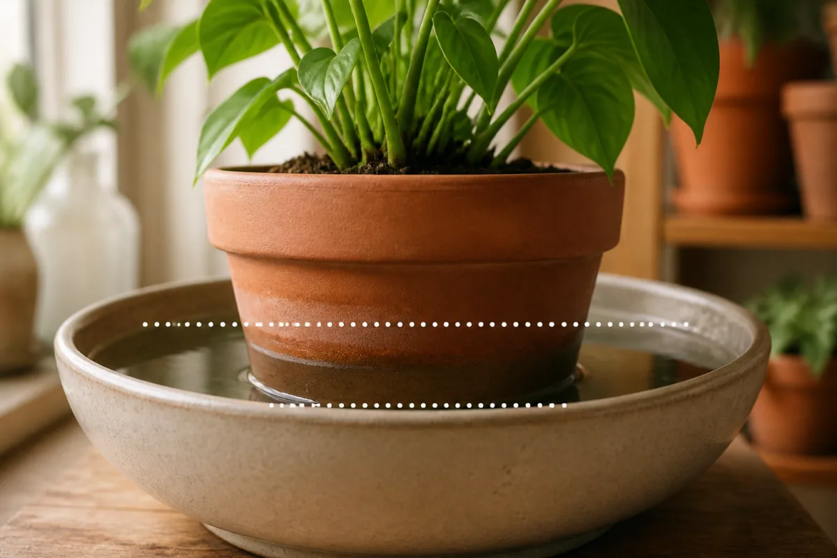 Pot dans une bassine avec repères de niveau d’eau et indication 10-15 min pour le trempage
