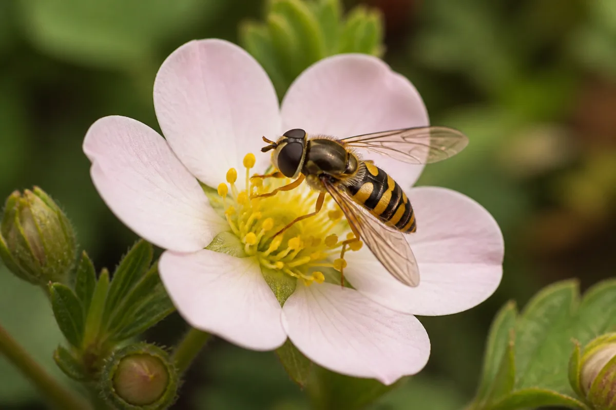 Gros plan d’un syrphe sur fleur montrant deux ailes et yeux proéminents